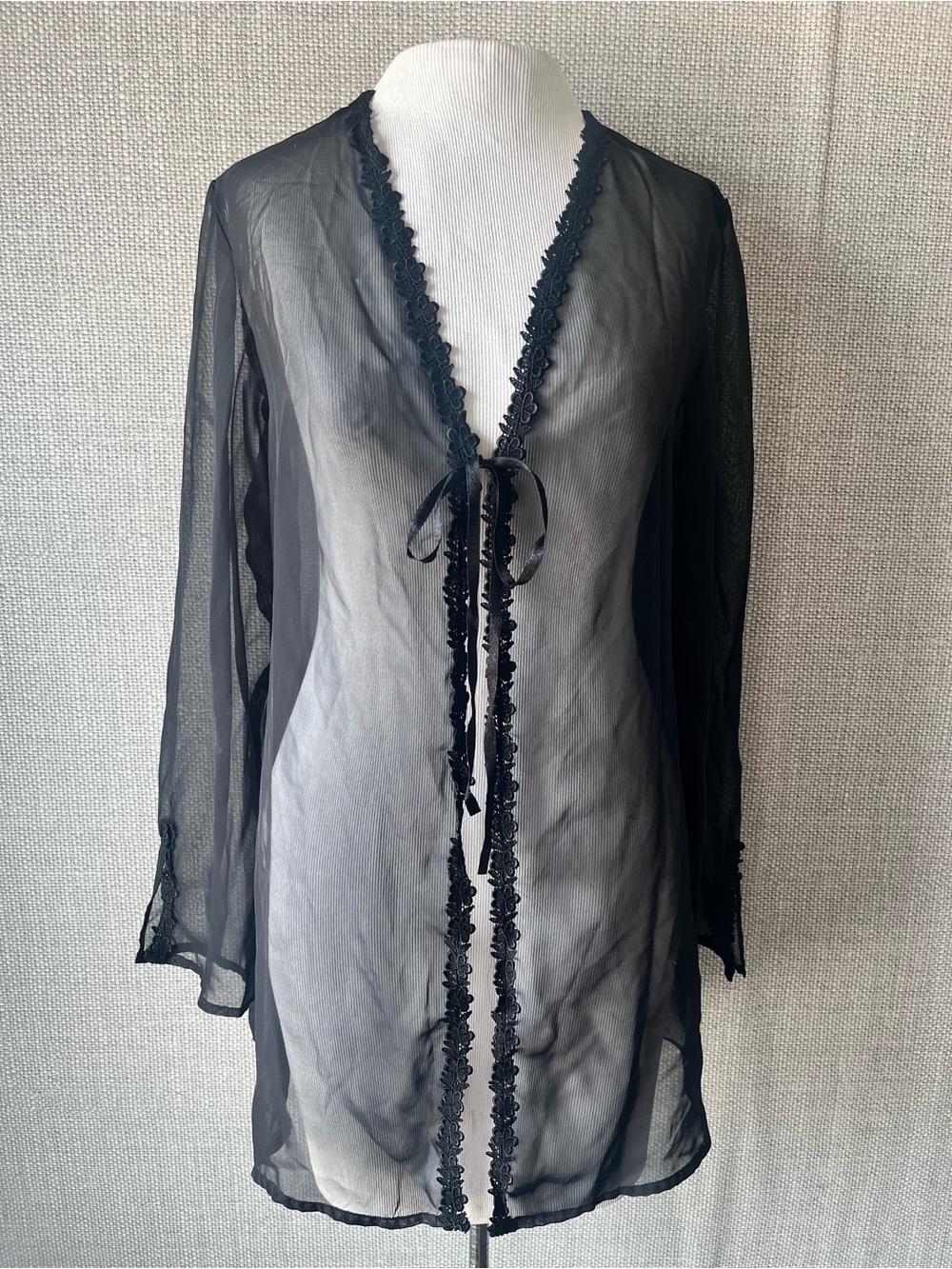 Frederick's of Hollywood Sheer Black Lace-Trim Robe